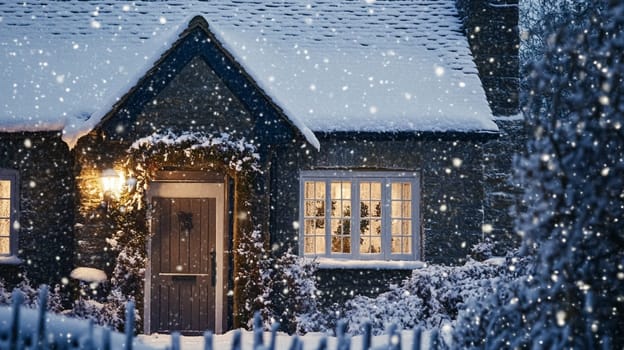 Christmas in the countryside, cottage decorated for holidays on a snowy winter evening with snow and holiday lights, English country styling inspiration
