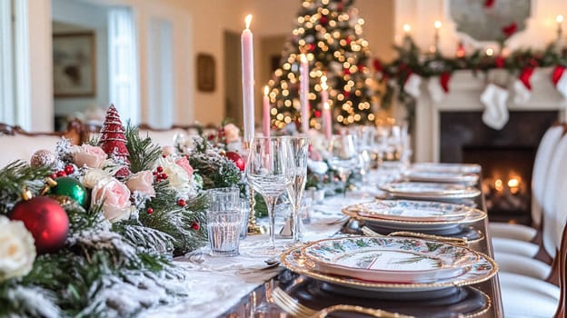 Christmas tablescape decoration, formal family dinner holiday celebration, luxury table setting decor, English country and home style idea