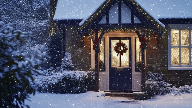 Christmas in the countryside, cottage decorated for holidays on a snowy winter evening with snow and holiday lights, English country styling inspiration