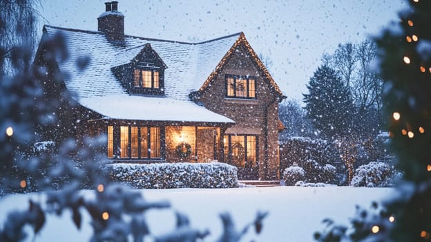Christmas in the countryside, cottage decorated for holidays on a snowy winter evening with snow and holiday lights, English country styling inspiration
