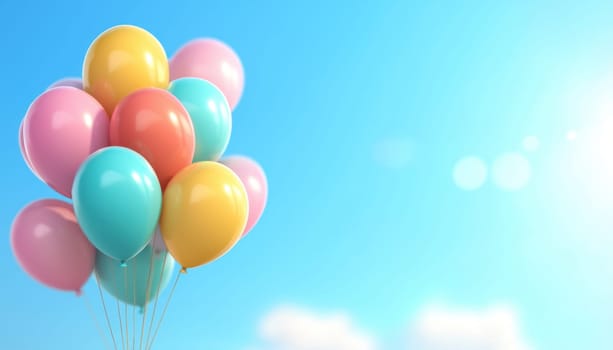 A Colorful balloons floating against bright blue sky, perfect for celebrations and joyful moments