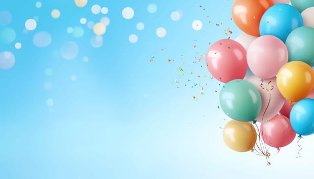 A Colorful balloons float against bright blue sky, creating festive atmosphere perfect for celebrations