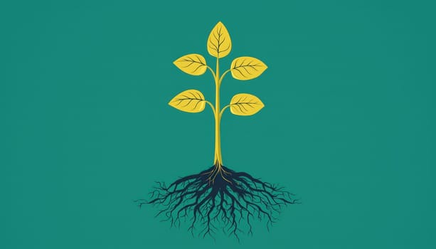 A stylized image of growing plant with vibrant yellow leaves and deep roots, symbolizing growth and vitality