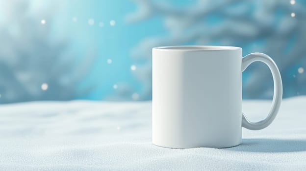 A minimalist white ceramic mug sits on soft snow, evoking serene winter atmosphere. Perfect for cozy moments