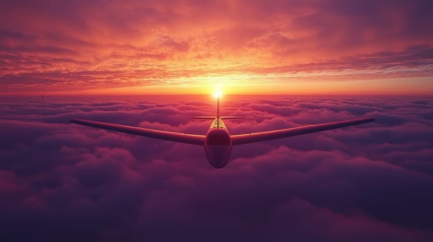 An Airplane flying above clouds at sunset, creating serene atmosphere