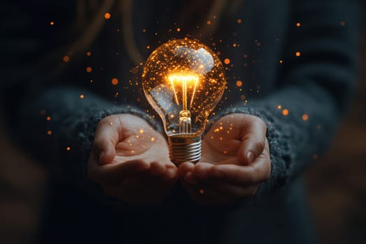 A person holds glowing lightbulb, symbolizing creativity and inspiration, surrounded by sparkling particles