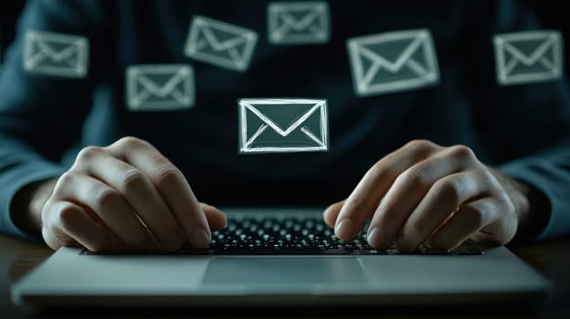 A Hands typing resignation email on laptop, surrounded by floating email icons, expressing moment of decision and change