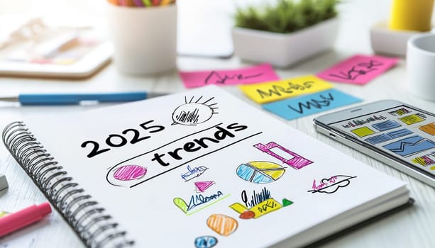 An Open notebook with handwritten 2025 trends, colorful sketches, and notes, showcasing creativity and planning for future