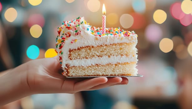 A hand holding slice of birthday cake with candle and colorful sprinkles, celebrating joyful occasion