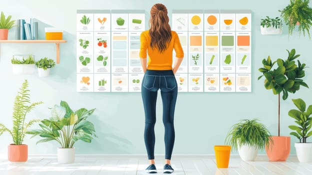 A woman examines colorful health infographic wall, surrounded by plants. vibrant display features various fruits and vegetables, promoting healthy