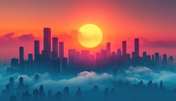 An Abstract imagery of rising sun over cityscape, creating vibrant and serene atmosphere. skyline is enveloped in soft clouds
