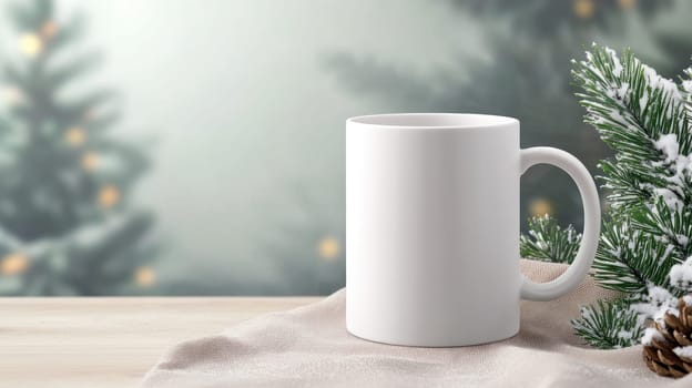 A Minimalist white ceramic mug on wooden table with pine branches and blurred background. Perfect for cozy winter moments
