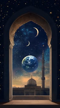 A cosmic view through an arch, featuring Earth and celestial elements.