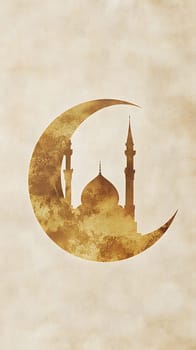 A crescent moon silhouette with a mosque and minarets against a textured background.
