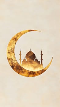 A crescent moon silhouette frames a mosque, symbolizing culture.