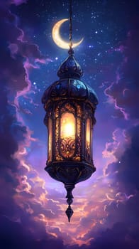 A decorative lantern illuminated against a starry night sky.