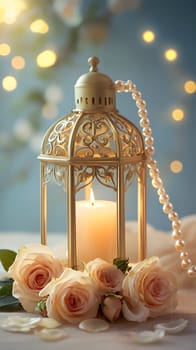 A decorative lantern with a candle and roses, creating a romantic ambiance.