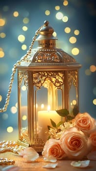 A decorative lantern with a candle and roses, creating a warm ambiance.