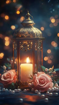 A decorative lantern with a candle and roses, creating a warm ambiance.