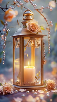 A decorative lantern with a candle surrounded by roses and pearls.