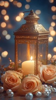 A decorative lantern with a candle surrounded by roses and pearls.