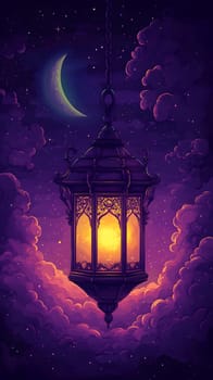 A glowing lantern hangs in a dreamy night sky with clouds and moon.