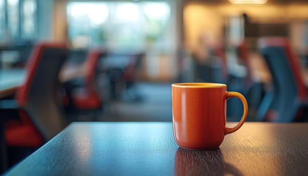 A solitary orange coffee cup sits on table in empty office cubicle, evoking sense of calm and solitude