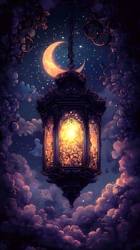 A glowing lantern surrounded by clouds and a crescent moon.