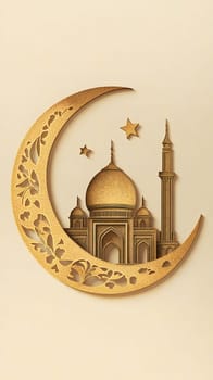 A golden crescent moon with a mosque silhouette and stars.