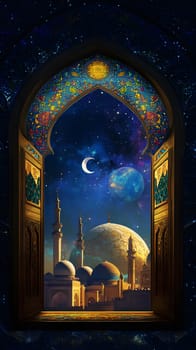 A mystical archway reveals a cosmic landscape with domed buildings.