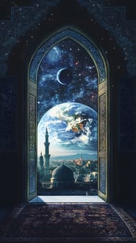 A mystical doorway reveals a cosmic view of Earth and the universe.