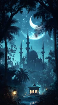 A mystical night scene featuring a mosque under a crescent moon.