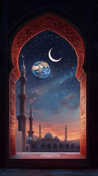 A mystical view of Earth from an ornate archway under a crescent moon.