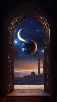 A mystical view through an ornate archway showcasing a cosmic scene.