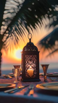 A romantic dinner setting with a candle lantern at sunset.