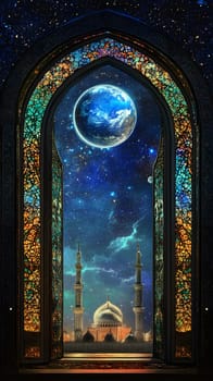 A mystical window view of a mosque under a starry sky and moon.