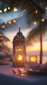 A romantic dinner setting with a lantern and candles at sunset.