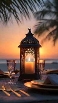 A romantic sunset dinner setting with a lantern and ocean view.