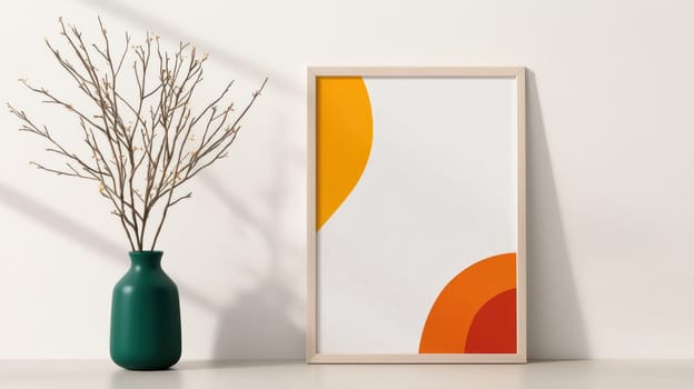 A Modern art print with abstract shapes in orange and yellow tones, displayed in stylish frame beside green vase and dried branches