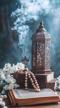 A serene arrangement featuring a lantern, books, and prayer beads.