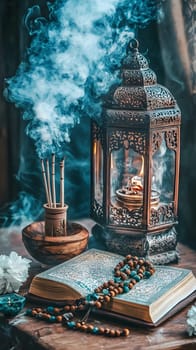 A serene arrangement of incense, lantern, and a prayer book.