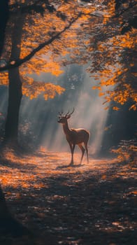 A serene deer stands in a sunlit forest with autumn foliage.