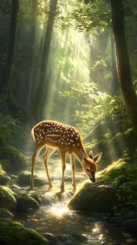 A serene fawn grazing in a sunlit forest stream.