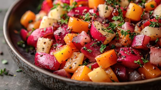 A Fresh, colorful vegetable medley featuring diced radishes, carrots, and herbs, perfect for healthy meals