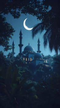 A serene mosque illuminated at night under a crescent moon.