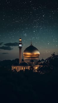 A serene mosque illuminated under a starry night sky.