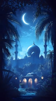 A serene night scene featuring a mosque under a crescent moon.