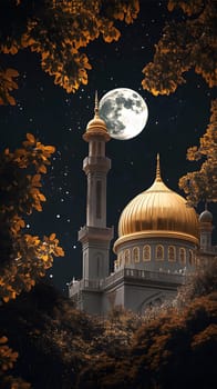 A serene night scene featuring a mosque under a full moon.