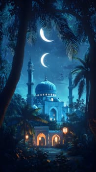 A serene night scene featuring a mosque under crescent moons.