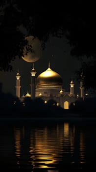 A serene night view of a majestic golden-domed structure.